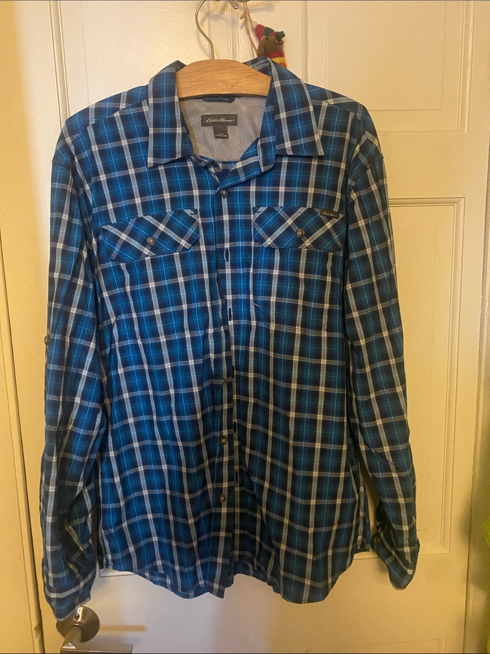 Eddie Bauer Blue, White and Black Plaid Button-Down Shirt
